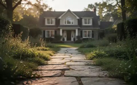 Ein ruhiger Garten mit einem Steinweg, der auf ein Wohnhaus im Hintergrund zuläuft. - Foto: über boerse-global.de