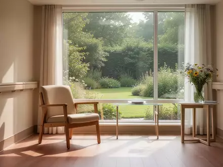 Ein heller, ruhiger Raum in einer modernen Pflegeeinrichtung mit Blick in einen grünen Garten und einem leeren Stuhl. - Foto: über boerse-global.de