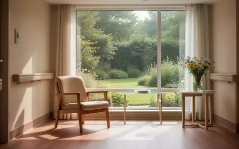 Ein heller, ruhiger Raum in einer modernen Pflegeeinrichtung mit Blick in einen grünen Garten und einem leeren Stuhl. - Foto: über boerse-global.de