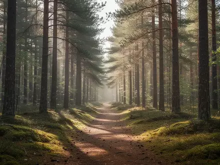 Ein sonnendurchfluteter Waldweg in einem dichten Nadelwald, der für Bewegung und präventive Gesundheit steht. - Foto: über boerse-global.de