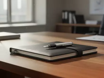 Ein professioneller Schreibtisch mit einem Notizbuch und einem Füllfederhalter in einem hellen Büro. - Foto: über boerse-global.de