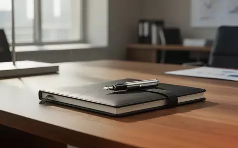 Ein professioneller Schreibtisch mit einem Notizbuch und einem Füllfederhalter in einem hellen Büro. - Foto: über boerse-global.de