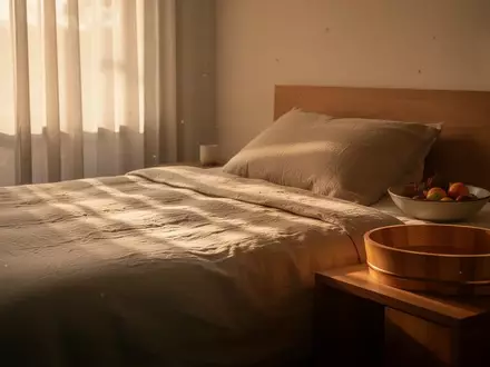 Ein ruhiges, minimalistisches Schlafzimmer in warmem Herbstlicht mit einem schlichten Holztisch, einer Keramikschale und einem Fußbad. - Foto: über boerse-global.de