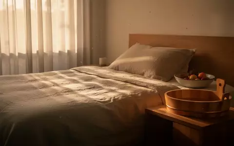 Ein ruhiges, minimalistisches Schlafzimmer in warmem Herbstlicht mit einem schlichten Holztisch, einer Keramikschale und einem Fußbad. - Foto: über boerse-global.de
