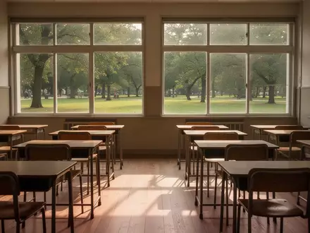 Ein leerer, sonnendurchfluteter Klassenraum mit Blick auf einen grünen Park, der eine ruhige und entspannte Atmosphäre ausstrahlt. - Foto: über boerse-global.de