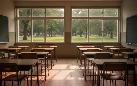 Ein leerer, sonnendurchfluteter Klassenraum mit Blick auf einen grünen Park, der eine ruhige und entspannte Atmosphäre ausstrahlt. - Foto: über boerse-global.de
