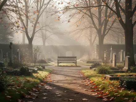 Ein ruhiger, sonnendurchfluteter Weg in einem Friedhof mit einer Parkbank im Herbstlicht. - Foto: über boerse-global.de