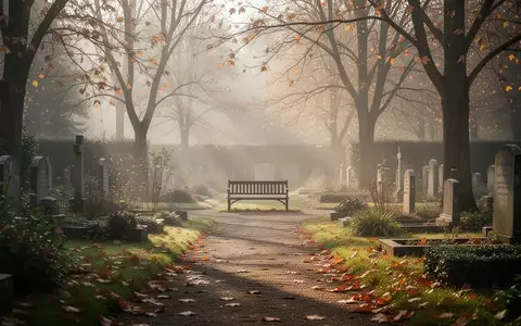 Ein ruhiger, sonnendurchfluteter Weg in einem Friedhof mit einer Parkbank im Herbstlicht. - Foto: über boerse-global.de