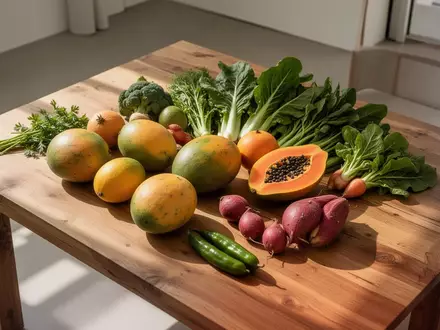 Frisches, rohes Obst und Gemüse auf einem Holztisch in einem hellen, minimalistischen Raum - Foto: über boerse-global.de