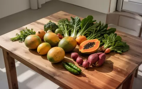 Frisches, rohes Obst und Gemüse auf einem Holztisch in einem hellen, minimalistischen Raum - Foto: über boerse-global.de