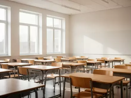 Ein heller, leerer Klassenraum mit Holzschreibtischen und Stühlen in einer modernen Schule. - Foto: über boerse-global.de