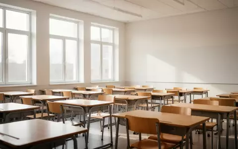 Ein heller, leerer Klassenraum mit Holzschreibtischen und Stühlen in einer modernen Schule. - Foto: über boerse-global.de