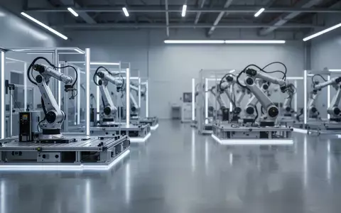 Moderne, sterile Industrieanlage mit hochpräzisen Roboter-Montagestationen in einer hellen, minimalistischen Umgebung. - Foto: über boerse-global.de
