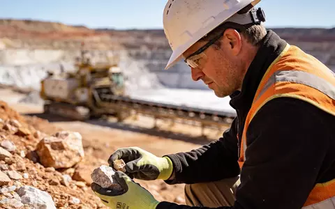 Geologe bei der Untersuchung von Mineralproben auf einem Lithium-Minengelände. - Foto: über boerse-global.de