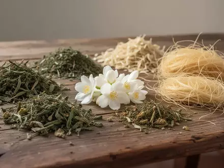 Getrocknete Heilkräuter, Jasminblüten und Maisbart auf einem rustikalen Holztisch bei natürlichem Licht. - Foto: über boerse-global.de