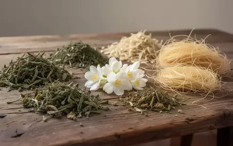 Getrocknete Heilkräuter, Jasminblüten und Maisbart auf einem rustikalen Holztisch bei natürlichem Licht. - Foto: über boerse-global.de