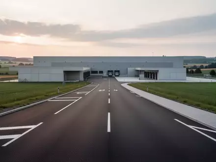 Ein asphaltierter Zufahrtsweg zu einem Logistikzentrum in einer ländlichen Industrieregion in Hessen bei Tagesanbruch. - Foto: über boerse-global.de