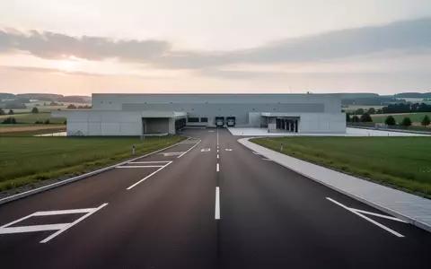 Ein asphaltierter Zufahrtsweg zu einem Logistikzentrum in einer ländlichen Industrieregion in Hessen bei Tagesanbruch. - Foto: über boerse-global.de