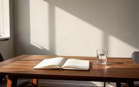 Ein minimalistischer, sonnendurchfluteter Arbeitsplatz mit einem leeren Notizbuch und einem Glas Wasser auf einem Holztisch. - Foto: über boerse-global.de