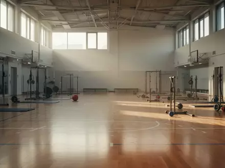 Leere, modern ausgestattete Sportstätte mit hellem Holzboden und minimalistischen Trainingsgeräten bei Tageslicht. - Foto: über boerse-global.de