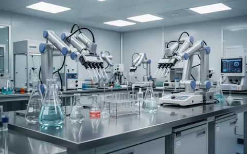 Ein modernes, steriles Nasslabor mit Laborrobotern und wissenschaftlichen Geräten auf Edelstahltischen. - Foto: über boerse-global.de
