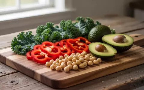 Frisches Gemüse wie Grünkohl, Paprika und Avocados auf einem hölzernen Schneidebrett in einer hellen Küche. - Foto: über boerse-global.de