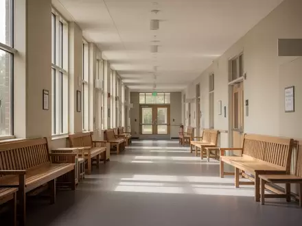 Ein heller, ruhiger Flur in einem öffentlichen Gebäude mit Holzbänken und natürlichem Lichteinfall. - Foto: über boerse-global.de