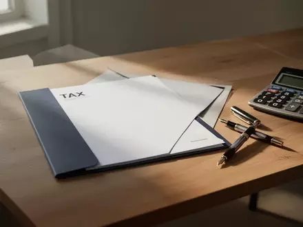Ein minimalistischer Schreibtisch mit einem leeren Steuerordner, einem Taschenrechner und einem Füllfederhalter bei natürlichem Licht. - Foto: über boerse-global.de