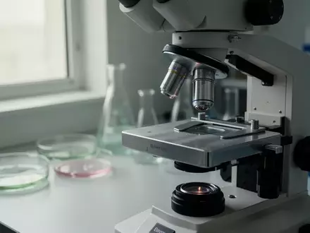 Ein wissenschaftliches Mikroskop in einem sterilen Laborumfeld mit Glasutensilien im Hintergrund. - Foto: über boerse-global.de