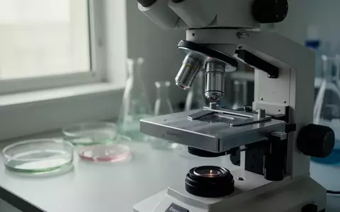Ein wissenschaftliches Mikroskop in einem sterilen Laborumfeld mit Glasutensilien im Hintergrund. - Foto: über boerse-global.de
