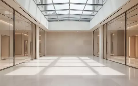 Ein minimalistischer, leerer Verkaufsraum mit poliertem Steinboden und hellem Tageslicht, das durch ein Glasdach fällt. - Foto: über boerse-global.de