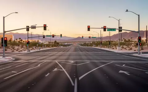 Eine moderne Straßenkreuzung in Las Vegas bei Sonnenuntergang mit klaren Fahrbahnmarkierungen und Ampeln ohne sichtbaren Verkehr. - Foto: über boerse-global.de