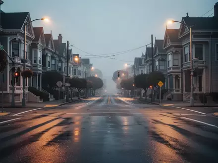 Eine menschenleere Straße im Richmond District von San Francisco in den frühen Morgenstunden bei Straßenbeleuchtung. - Foto: über boerse-global.de