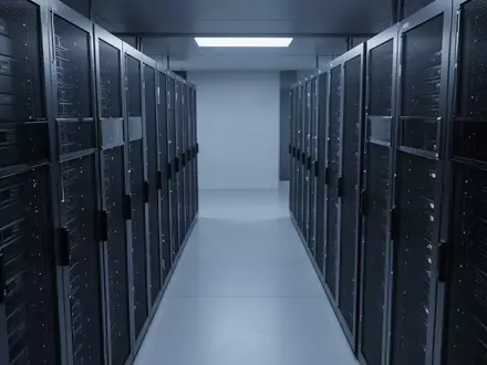 Moderne, minimalistische Serverraum-Architektur mit symmetrischen Metall-Serverracks in kühlem blauen Licht. - Foto: über boerse-global.de