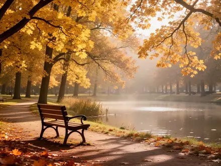 Ein sonnendurchfluteter Parkweg mit einer leeren Parkbank und herbstlich gefärbten Bäumen. - Foto: über boerse-global.de