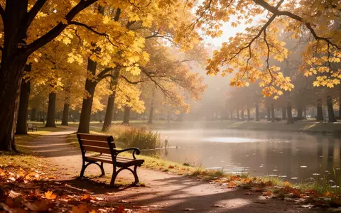 Ein sonnendurchfluteter Parkweg mit einer leeren Parkbank und herbstlich gefärbten Bäumen. - Foto: über boerse-global.de
