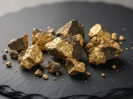 Rohgold-Erzfragmente auf einer dunklen Schieferoberfläche, symbolisch für die Goldminen-Branche. - Foto: über boerse-global.de