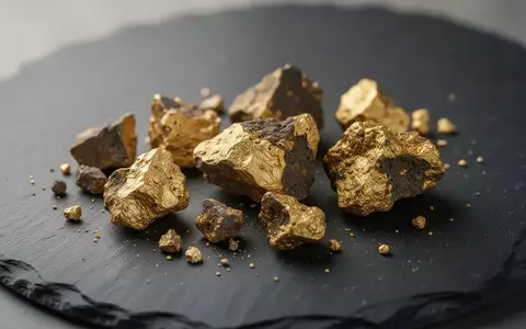 Rohgold-Erzfragmente auf einer dunklen Schieferoberfläche, symbolisch für die Goldminen-Branche. - Foto: über boerse-global.de