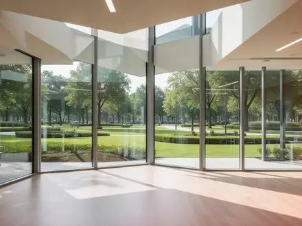 Heller, moderner Innenraum eines Rehabilitationszentrums mit bodentiefen Fenstern und Blick auf eine Parkanlage. - Foto: über boerse-global.de