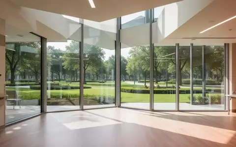 Heller, moderner Innenraum eines Rehabilitationszentrums mit bodentiefen Fenstern und Blick auf eine Parkanlage. - Foto: über boerse-global.de