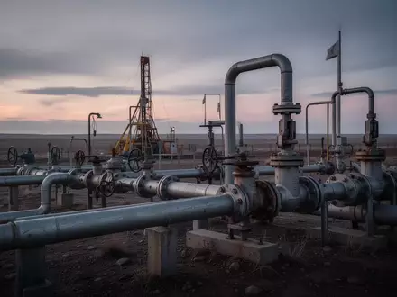 Industrielle Erdgasanlage mit Rohrleitungen und Ventilen in einer weiten Landschaft bei Dämmerung. - Foto: über boerse-global.de
