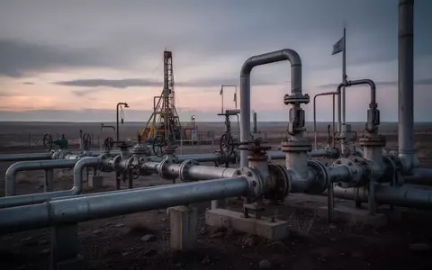 Industrielle Erdgasanlage mit Rohrleitungen und Ventilen in einer weiten Landschaft bei Dämmerung. - Foto: über boerse-global.de