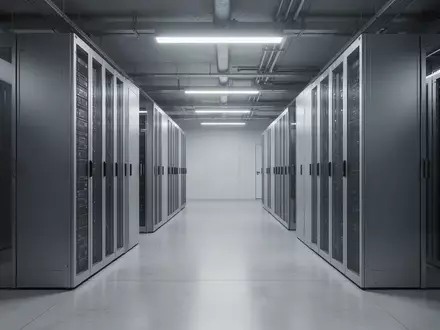 Ein minimalistischer, moderner Serverraum mit ordentlichen Metallregalen und kühler Beleuchtung. - Foto: über boerse-global.de