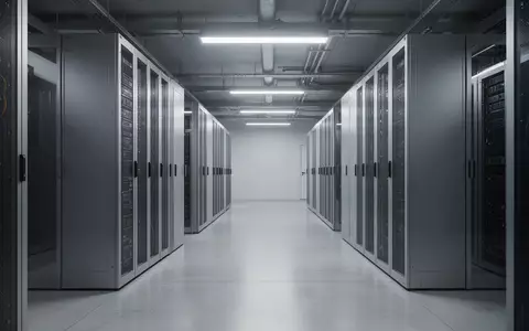 Ein minimalistischer, moderner Serverraum mit ordentlichen Metallregalen und kühler Beleuchtung. - Foto: über boerse-global.de