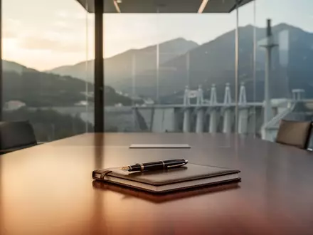 Ein minimalistischer Konferenzraum mit Blick auf eine bergige Landschaft bei Sonnenuntergang. - Foto: über boerse-global.de
