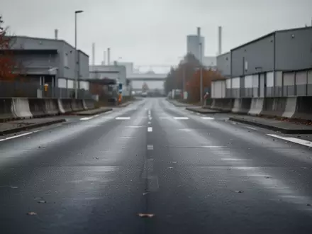 Eine leere, asphaltierte Verkehrsfläche an einem Kontrollpunkt in einem Industriegebiet bei bewölktem Himmel. - Foto: über boerse-global.de