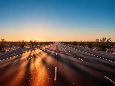 Eine leere, mehrspurige Autobahn in einer Wüstenlandschaft bei Sonnenuntergang mit klaren Fahrbahnmarkierungen. - Foto: über boerse-global.de