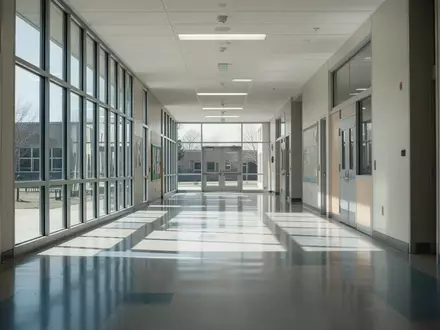 Ein heller, moderner Flur in einem Schulgebäude mit großen Fenstern und klaren architektonischen Linien ohne Personen. - Foto: über boerse-global.de