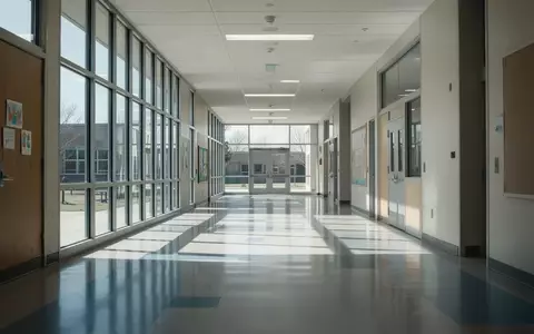 Ein heller, moderner Flur in einem Schulgebäude mit großen Fenstern und klaren architektonischen Linien ohne Personen. - Foto: über boerse-global.de
