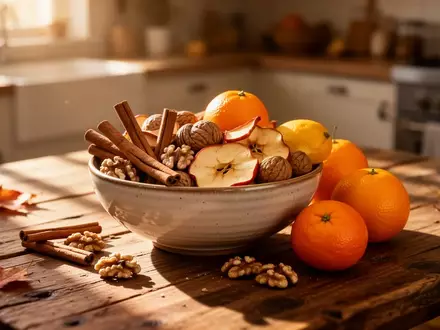 Eine rustikale Holzküche mit herbstlichen Zutaten wie Zimt, Äpfeln, Walnüssen und Zitrusfrüchten in einer Keramikschale. - Foto: über boerse-global.de